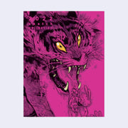 Cover illustration on bright fuchsia background, of a growling tiger with yellow eyes and a lolled out tongue, which holds small angry rabbits.
