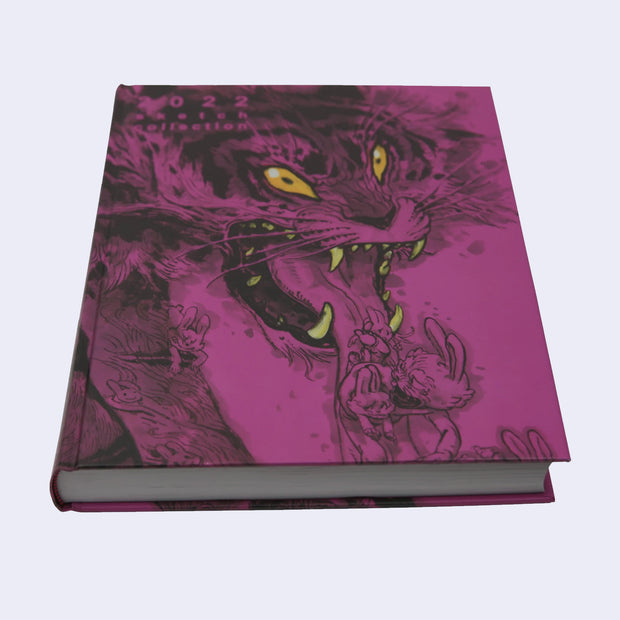 Cover illustration on bright fuchsia background, of a growling tiger with yellow eyes and a lolled out tongue, which holds small angry rabbits. Shown at a side angle.\