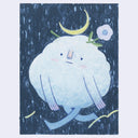 Illustration of a cloud-like character with a crescent moon on its head against a dark background.