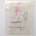 A square cream-colored paper artwork sealed inside a clear plastic sleeve, featuring minimalist line drawings in pink, blue, and gray on a white background.