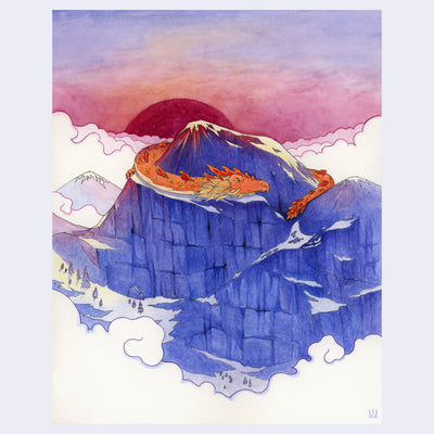 Watercolor painting of a large purple mountain at sunset, with a bright burgundy sun setting behind it. A large orange dragon wraps itself around the mountain, with clouds framing the scene.
