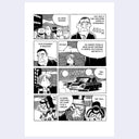 A single-page black and white manga comic strip print on a white sheet, displayed against a light lavender background.