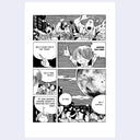 A black and white manga comic strip page featuring a group of characters reacting dramatically to a moon-like celestial event in the sky, with speech bubbles and panel layouts on a white page.