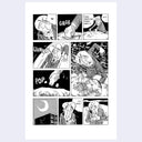 A black and white comic strip print featuring multiple panels with expressive illustrated faces, bold sound effects, and speech bubbles on a white page against a light gray background.