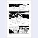 A black and white comic strip print featuring a hand reaching out of water, with sound effects like 'GLUB', 'SHIRRRK', and 'CHUCK CHUCK'.