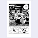 A black and white manga-style comic print featuring a large truck in a grassy outdoor scene, with two smaller panels below showing a person falling into water and a speech bubble reading 'OH NO! OH NO! OH NO!'.