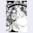 A black and white manga-style illustration featuring a large cat-like face in the foreground with smaller illustrated faces and objects layered behind it, presented on a light gray background.
