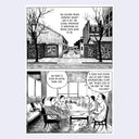 A black and white comic-style illustration printed in two panels, showing an outdoor movie studio scene with buildings, trees, and a meeting inside. Speech bubbles contain text, and the artwork is presented on a light gray background.
