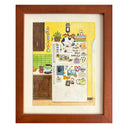 Illustration of a kitchen with a refrigerator covered in magnets and notes. Laying atop the fridge is a sleeping cat, amongst cookbooks, a planter and containers.