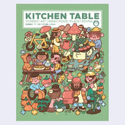 Illustrated magazine cover titled 'Kitchen Table' with cartoon characters around a table on a green background.
