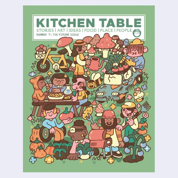Illustrated magazine cover titled 'Kitchen Table' with cartoon characters around a table on a green background.
