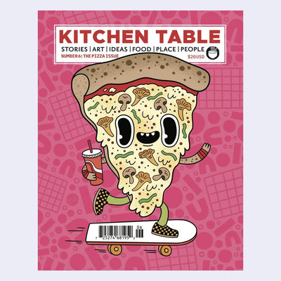 Magazine cover titled 'Kitchen Table' with a cartoon pizza slice on a pink background