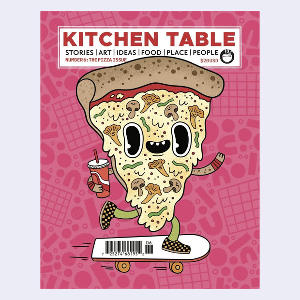 Magazine cover titled 'Kitchen Table' with a cartoon pizza slice on a pink background