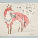 Illustration of a red fantasy fox standing behind a street light and a large jack in the box fast food sign.