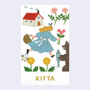 Cover for a booklet of stickers featuring an illustration of a blonde girl in a blue dress, looking away and carrying a bouquet of pink flowers and a brown basket. She is among a house, a bear, and flowers.