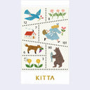 Set of stamp-like stickers, with illustrations of flowers, animals such as a fox, a bird and a bear, and a girl holding a basket and bouquet of pink flowers.