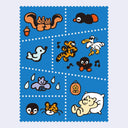 KITTA sticker sheet with blue stickers each perforated to be cut into an abstract stamp shape. Stickers feature cartoon animal illustrations including penguins, a tiger, a white bird, a bat, a polar bear, and small musical notes.