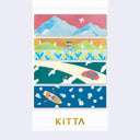 Four narrow horizontal washi strips with colorful illustrated scenes and the word KITTa in gold at the bottom, shown on a light neutral background.