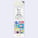 A vertical package of KITTA stickers, featuring a white header with a black bird logo and Japanese text, and a colorful grid of illustrated dog-themed stamps below.