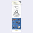 KITTA sticker sheet with blue stickers each perforated to be cut into an abstract stamp shape. Animals are on the stickers.