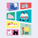 A square graphic print featuring a 3x3 grid of postage-stamp-style panels with colorful cartoon illustrations of dogs, a person carrying a blue bag, two girls walking hand in hand, a pink bow-tied dog, and a person holding a brown dog. The print is centered on a light gray background.