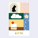 Cover for a booklet of stickers by Kitta. Cover has 5 color blocked illustrations of a simplified cloud, cake, teddy bear, star and grid pattern.