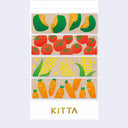 A vertical product shot of four illustrated vegetable washi tape strips, and the word KITTA printed in gold at the bottom, shown against a light gray background.