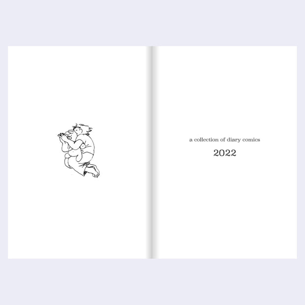 Open book with a black and white illustration on the left page and text on the right page.