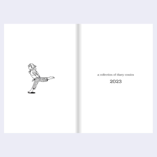 Open book with a black and white illustration of a person and text 'a collection of diary comics 2023' on a light gray background.