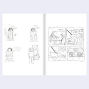 Comic book open to two pages with black line art on a white background