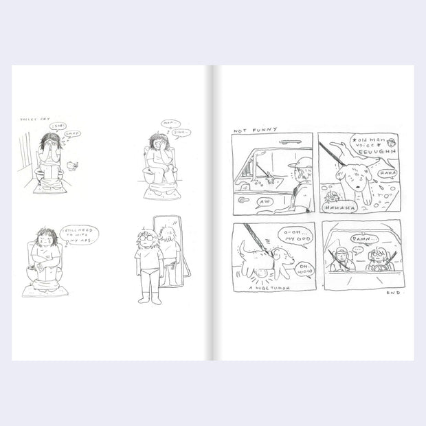 Comic book open to two pages with black line art on a white background