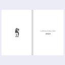 Open book with a black and white illustration on one page and text 'a collection of diary comics 2024' on the other, on a light gray background.
