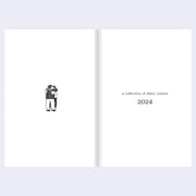 Open book with a black and white illustration on one page and text 'a collection of diary comics 2024' on the other, on a light gray background.