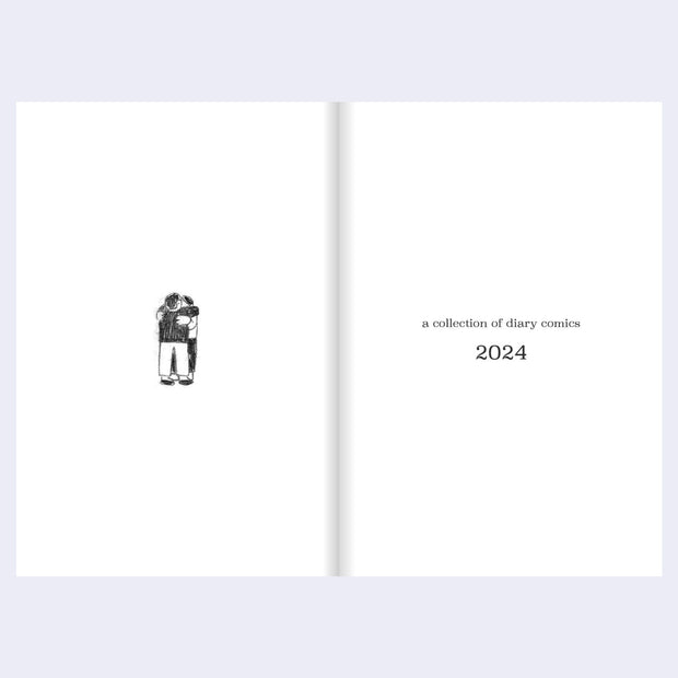 Open book with a black and white illustration on one page and text 'a collection of diary comics 2024' on the other, on a light gray background.