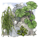 Watercolor and ink illustration of lush greenery on rocks with small cartoon skeletons hanging around them.
