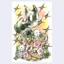 Illustration of a ghost coming out of a kigurumi cup filled with green tea and with cherry blossoms as a decorative element. Skeletons are around the scene.