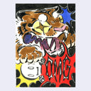 Colorful illustration of a tiger mauling a cute, cartoon skeleton with an excited speech bubble that reads "OMG"