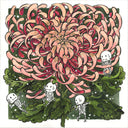 Illustration of skeletons around a large flower with a green background