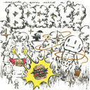 Illustration with various elements including a hamburger, skeletons, and abstract shapes.