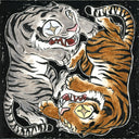 Two stylized tigers facing each other on a black background