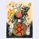 Illustration of a skeleton riding a horse with flames and stars around, balancing on top of a fabric wrapped ball.
