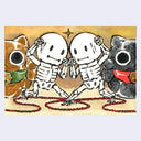 Illustration of 2 cartoon skeletons, facing off with one another with large round maneki sculptures behind each of them.