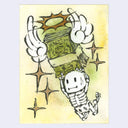 Illustration of a skeleton holding onto a pile of cash, which has wings and a halo and floats off into the sky. Background is yellow.