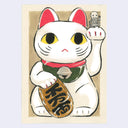 Maneki-neko (Lucky Cat) with a small skeleton on its raised paw, on a beige background