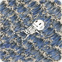 Skeletal figure laying on its back and floating amongst ocean waves.