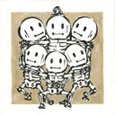 Illustration of a group of cartoon, cute skeletons with smiling faces forming a star shape with their arms with a skeleton in the center.