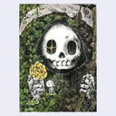 Illustration of a close up Grim Reaper with a cartoon skeleton face, holding a scythe. It is mostly covered in moss and forest foliage. One side is full of life and the other is wilted and brown.