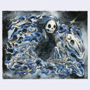 Artistic illustration of a cartoon style Grim Reaper riding on a skeletal horse with blue smoke around it.