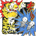 Illustration of a cartoon tiger with a comic book style red and blue explosive speech bubbles - with 2 cartoon skeletons fighting in the one coming out the tiger's mouth.