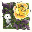 Illustration of a skeleton holding a yellow rose with purple leaves on a white background
